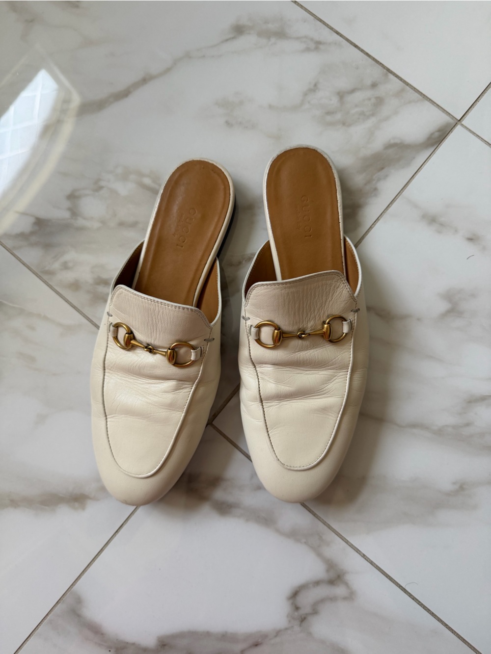 Gucci Cream Princeton Leather Horsebit Mules